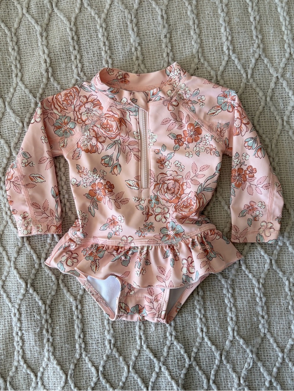 Girls' Pink Floral Long-Sleeve Ruffle One-Piece Swimsuit